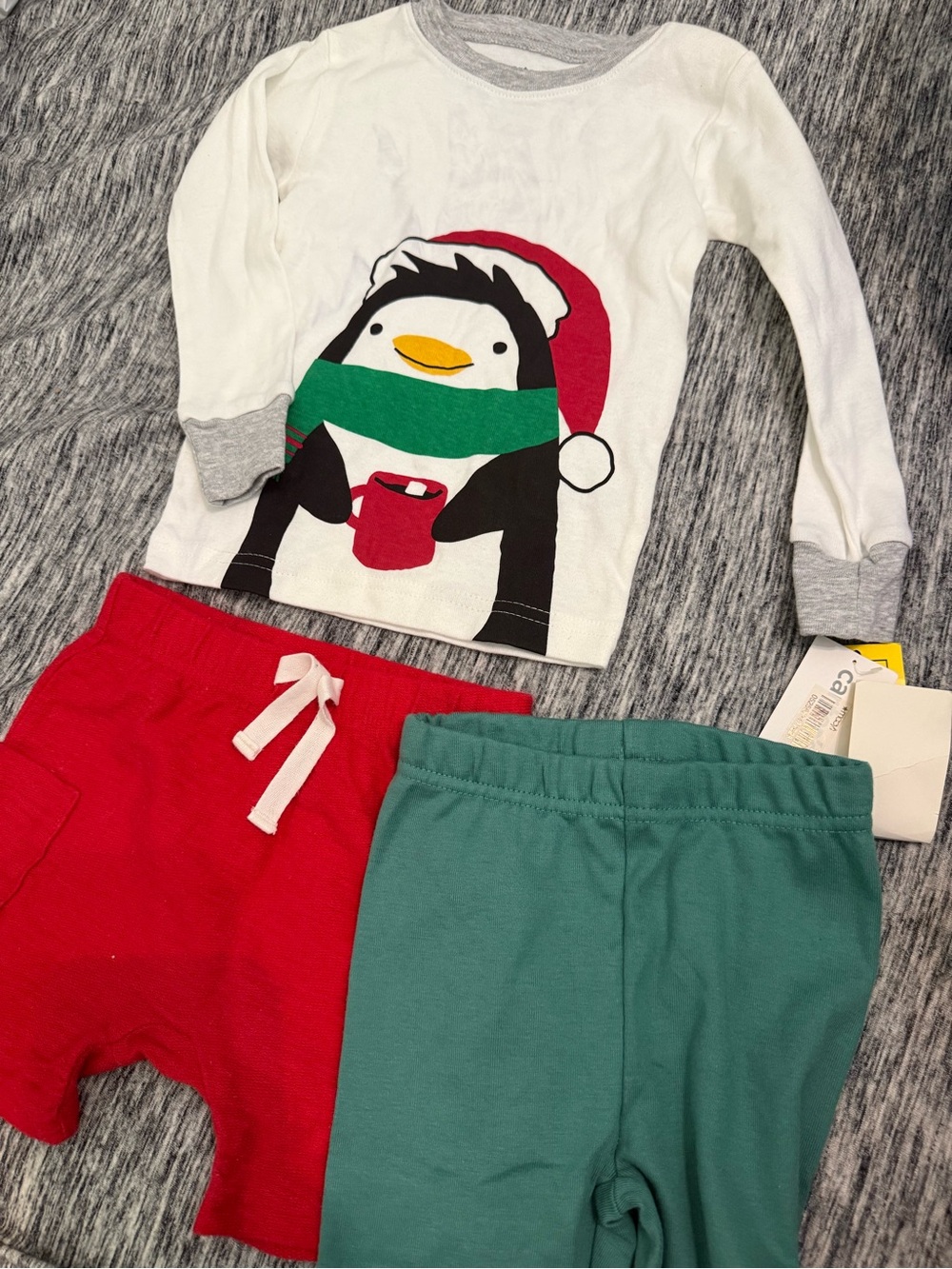 Carter's White Penguin Pajama Top with Red & Green Pants